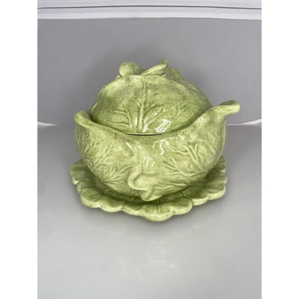 Vintage Holland Mold 3 Piece Green Cabbage Shaped Bowl w/ Lid and Underplate